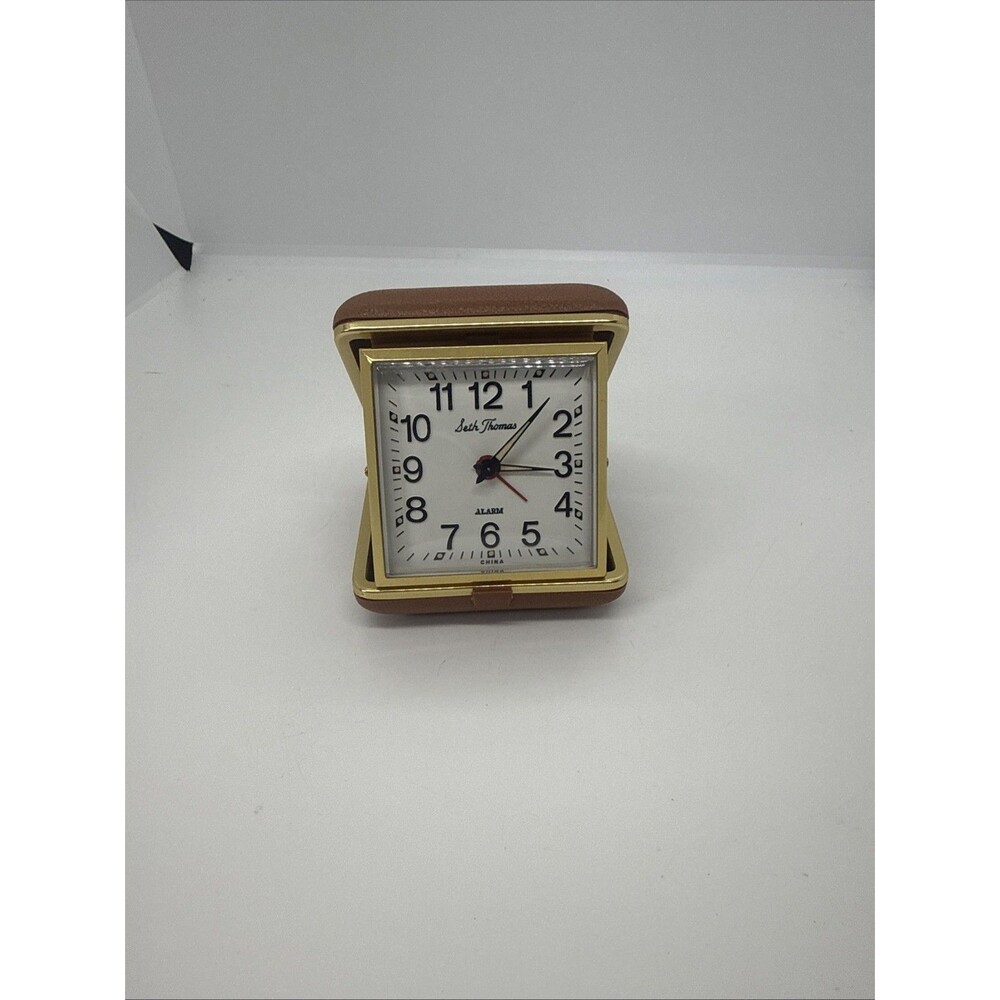 Vintage Seth Thomas Travel Alarm Clock Tan Clam Shell Case Brass Windup Works